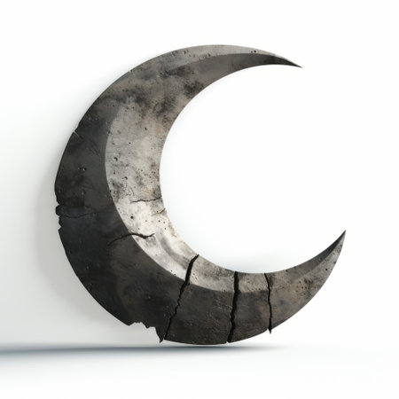 a broken crescent, in the style of post-apocalyptic surrealism, is depicted on a white background. the contemporary metallurgy and distressed materials add a unique touch to the artwork, which is rendered in maya. the paleocore theme is evident, along with sharp and clever humor, creating a captivating visual. the dramatic shadows further enhance the overall impact of the image. ai generatedの素材