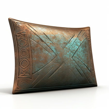a metal-style cushion featuring two interlocking rings, reminiscent of ancient art. the design showcases vibrant cyan and bronze colors, complemented by softbox lighting. crafted with embossed paper and glazed earthenware, this piece exudes a sense of monolithic structure. perfect for adding a touch of artistic flair to any space. ai generatedの素材