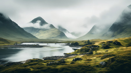 mountains and a lake are captured in soft atmospheric perspective, showcasing the stunning scottish landscapes. this photograph by dimitry roulland, taken with a canon eos 5d mark iv, features a color palette of silver and green. the misty atmosphere adds a touch of mystery, creating post-apocalyptic backdrops. ai generatedの素材
