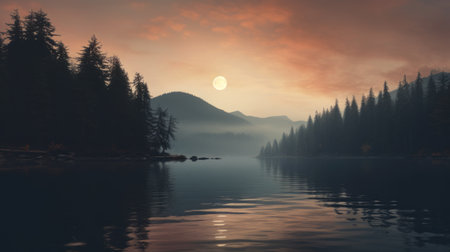 a high-quality photo of a romanticized wilderness at sunset, rendered in unreal engine. this 1920x1080p wallpaper showcases translucent water, moody tonalism, and the enchanting atmosphere of the forest. captured with a nikon d750, this photo embodies the captivating beauty of nature in a forestpunk style. ai generatedの素材
