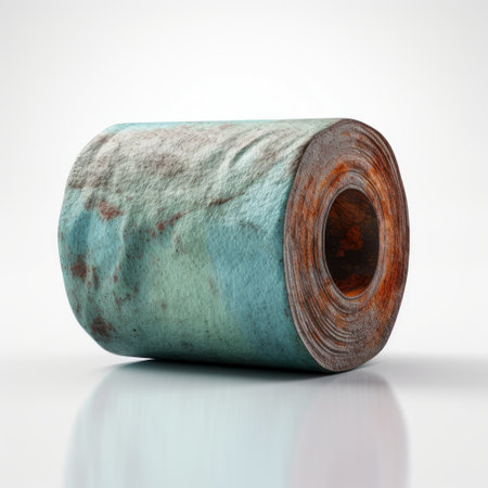 brown and blue torn roll of toilet paper, isolated in a 3d illustration. this artwork, resembling patinated and oxidized textures, showcases the unique style of environmental installation artist. captured using a ricoh gr iii camera, the raw documentation highlights textural explorations. the combination of light green and orange hues adds a touch of industrial materiality to the composition. ai generatedの素材