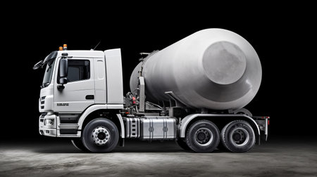 a tank truck is showcased against a backdrop of black lighting, featuring minimal retouching and a neo-concrete style. the image is captured in 32k uhd resolution by photographer thomas hfner. the color palette predominantly consists of white and gray, with digitally enhanced details. the truck serves as a decorative vessel in this visually striking composition. ai generatedの素材
