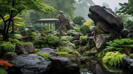rocks, moss, and misty atmosphere surround a serene lake in the jungle, creating a japanese-inspired imagery. this national geographic photo captures the beauty of impressionist gardens with detailed world-building. the whistlerian style is evident in the stone sculptures scattered around the landscape. ai generatedの素材