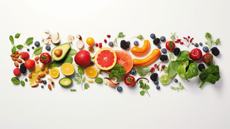 a photo of fruit and healthy foods in the style of deconstructed minimalism. the image features elaborate borders and a smooth surface, captured with a matte finish. the white background enhances the nature-inspired installations. this stunning photo was taken with a nikon d750. ai generatedの素材