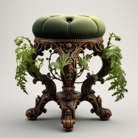 an ornate floral stool adorned with fern plants, showcasing the exquisite style of physically based rendering. this stunning piece draws inspiration from the rococo elegance of alexandre cabanel, grzegorz domaradzki, and stephen shortridge. with a touch of gothic darkness and intricate woodwork, it exudes a captivating and ornate charm. ai generatedの素材