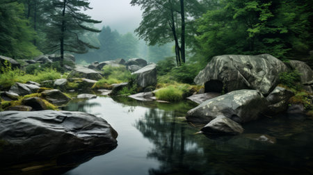 a foggy and misty forest landscape, captured with the tokina at-x 11-16mm f/2.8 pro dx ii lens, showcases primitivist elements and the influence of the hudson river school. this uhd image delicately renders the essence of nature, with sparkling water reflections and beautifully crafted landscapes. ai generatedの素材