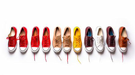 converse all star colorblock collection featuring red and amber, light brown and light beige color combinations. this photo, taken with a nikon d750, showcases the collection's unique and unconventional aspect ratios. the high contrast adds a touch of 1960s nostalgia, while the distinctive noses of the shoes make them stand out. ai generatedの素材