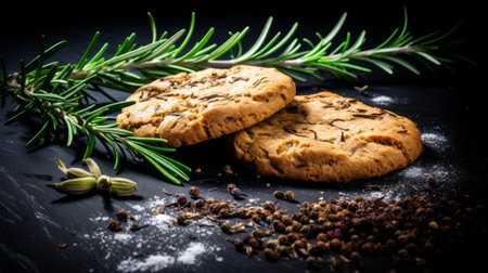traditional rosemary cookies with salt and herbs are showcased in this high dynamic range photograph. the cookies are placed on a dark background, creating a striking contrast. the dotted texture of the cookies, combined with their light brown and black color, adds visual interest. the cranberry core adds a burst of color, capturing the essence of nature. the overall composition, with its light brown andの素材