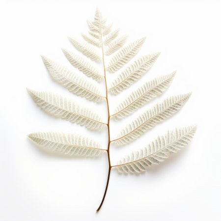 white fern leaf isolated on a white background, resembling a sculptural installation by a light bronze and gold artist. the image features whimsical details and has a cross-processing effect. the high-resolution uhd image captures the intricate joints and connections of the leaf, adding a touch of kimoicore aesthetic. ai generatedの素材