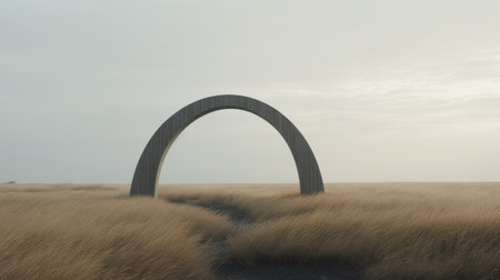 an open arch stands in solitude amidst a vast expanse of tall grass. this contemporary minimalist structure showcases a blend of light gray and dark black hues, embodying sculptural aesthetics. with its coastal views and minimalist sets, this gothic revival-inspired arch exudes a sense of tranquility. the muted colors further enhance its captivating allure. ai generatedの素材