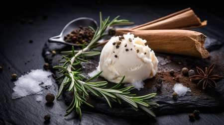 an ice cream covered in herbs, with a dark white and beige color palette, is showcased in this photo. the selective focus draws attention to the rounded shapes of the dessert. against a black background, the smooth and curved lines of the ice cream create an appealing contrast. this image beautifully combines natural elements, like the herbs, with man-made elements, such as the ice creamの素材