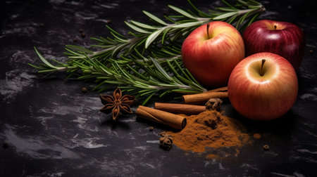 freshly cut apple with rosemary, spices, and onion on a dark stone background. apple, rosemary, spices, onion, dark stone background. ai generatedの素材