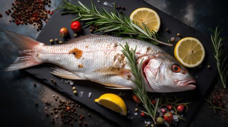 freshly baked fish with a delightful blend of spices, aromatic herbs, and zesty lemon slices, beautifully presented on a sleek black wooden board. this high-quality uhd image captures the essence of a culinary masterpiece. inspired by the artistic styles of caras ionut, carnivalcore, wimmelbilder, rosalba carriera, and the elegance of marble. ai generatedの素材