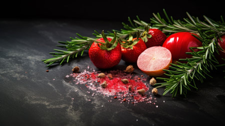 a photo of a vibrant arrangement featuring strawberries, rosemary, and oranges on a sleek black background. the polished surfaces create a striking contrast, with shades of red and pink adding to the festive atmosphere. this captivating image, captured with provia, beautifully combines natural and man-made elements, reminiscent of the artistic style of salvator rosa. ai generatedの素材