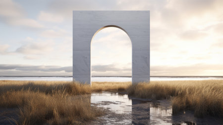 a white arch stands in a field, surrounded by lush grass. this conceptual minimalist sculpture, reminiscent of danish golden age and neo-concrete styles, is rendered in cinema4d. the panel composition mastery is evident, with hyper-realistic water providing detailed marine views. ai generatedの素材