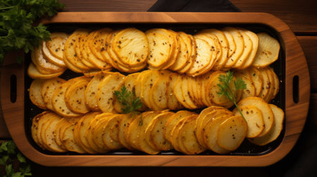 toasted potatoes, onion, and green peppers are beautifully arranged on a metal tray. this high-resolution photo captures the details with the style of 32k uhd and the use of a graflex speed graphic camera. the handcrafted designs and multi-layered textures add depth to the image, while the combination of light yellow and dark amber hues creates a visually appealing composition. ai generatedの素材
