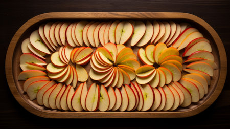 a spiral-sliced apple is showcased on a wooden platter, placed on a rustic wooden table. the arrangement follows a symmetrical style, with the apple's light orange and beige tones creating a bold and colorful contrast. the photo captures large-scale rectangular fields with sharp edges, resulting in a visually striking composition. shot at iso 200, the image features multi-layered figures that add depth and complexity. aiの素材