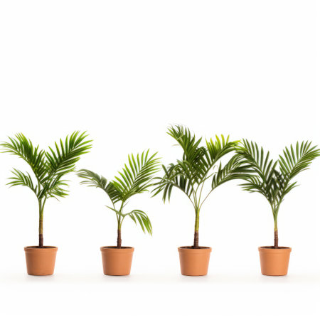 four palm trees in small pots are arranged in an orderly and symmetrical manner against a white background. this photo captures the essence of junglecore and laborwave aesthetics. the highly detailed foliage of the palm trees adds a touch of natural beauty. the image is reminiscent of caffenol developing and features terracotta pots. it has the professional quality of an associated press photo. ai generatedの素材