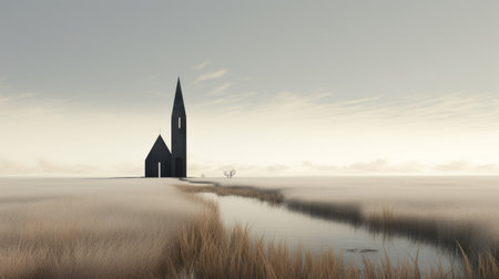 a cathedral stands alone on an empty field, with a serene canal flowing behind it. this minimalistic surrealism photograph captures the essence of delicately rendered landscapes, showcasing the prairiecore aesthetic. the cold and detached atmosphere adds to the unique charm of this daz3d creation, inspired by the dutch landscape and minimalistic landscapes. ai generatedの素材