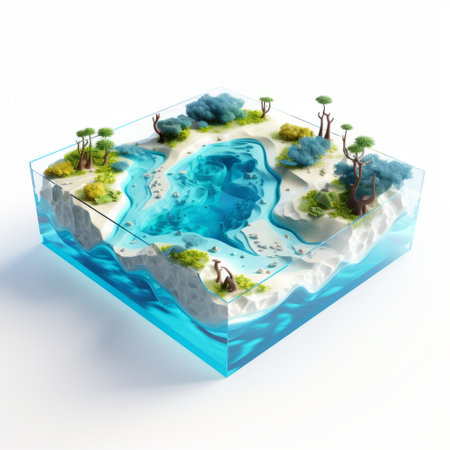 a vibrant 3d land and ocean landscape featuring colorful tropical plants. this photo showcases a unique style of multi-layered figures in white and aquamarine, creating a detailed world-building effect. with elements reminiscent of tesseract and poolcore, this playful illustration captures the essence of a national geographic photo. ai generatedの素材