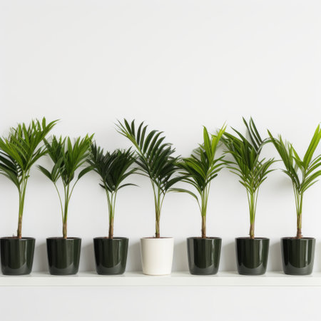 five potted palm plants are neatly arranged by the side of a wall, showcasing an anti-clutter, minimalist design. the dark, white, and green colors create a precise and symmetrical aesthetic. this laborwave-inspired photo captures the beauty of orderly arrangements, reminiscent of the caffenol developing technique. ai generatedの素材