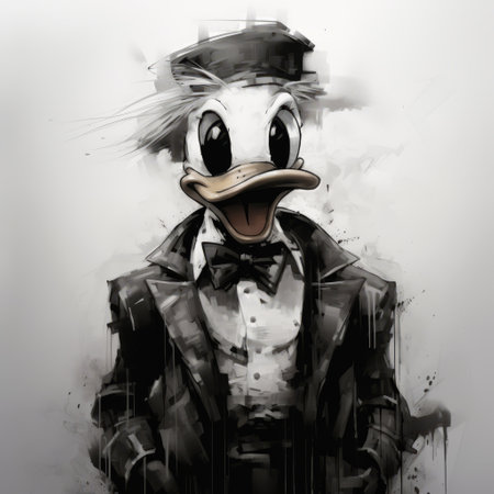 a unique and captivating abstract portrait of donald duck, dressed in a stylish tuxedo. created using the artistic techniques of zbrush, this artwork combines elements of stainswashes, steampunk creatures, and monochromatic white figures. the high-definition image, found on flickr, showcases the charm of anime characters in a visually stunning composition. ai generatedの素材