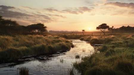 a serene pastoral scene captured by scarlett hooft graafland, featuring a yellow river resembling a stream. the soft, atmospheric lighting adds to the ethereal beauty of this landscape, reminiscent of suffolk coast views. this photograph, taken with a canon eos 5d mark iv, showcases the artist's talent for creating light-filled landscapes, evoking the style of terry redlin. ai generatedの素材