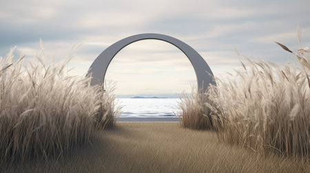 an open arch stands in solitude amidst a vast expanse of tall grass, showcasing a contemporary minimalist design. with its light gray and dark black hues, this sculptural masterpiece exudes a coastal charm. the minimalist sets and gothic revival elements blend seamlessly, creating a captivating visual experience. the muted colors add a touch of elegance to this architectural marvel. ai generatedの素材