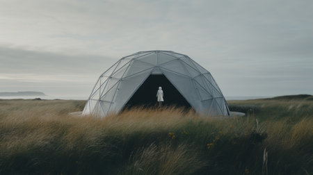 a futuristic sci-fi aesthetic tent stands on the lush green grass, overlooking the vast expanse of the ocean. inspired by the works of anton semenov, rogier van der weyden, and anka zhuravleva, this minimalist figuration blends elements of religious buildings and geodesic structures. ai generatedの素材