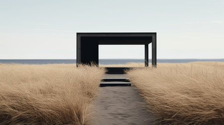 a black frame stands amidst tall grass, showcasing a post-minimalist structure. the coastal scenery and serene oceanic vistas create a dreamlike atmosphere. this image, rendered with octane render, captures the essence of minimalist stage designs and photorealistic rendering. ai generatedの素材