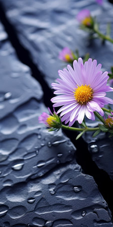 purple flowers bloom vibrantly on a sleek black slate surface, creating a captivating contrast. this stunning photograph, reminiscent of national geographic's style, showcases the delicate beauty of nature. water droplets glisten on the petals, emphasizing the importance of environmental awareness. the sharp and prickly details of the flowers add an intriguing element to the pastel-colored scene. with a touch of naive charm, this image capturesの素材