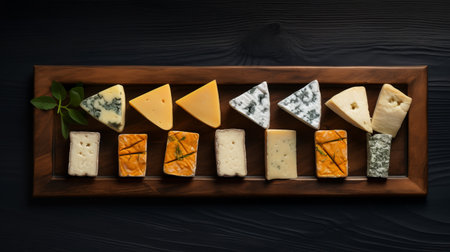 a round wooden platter showcasing a variety of cheeses, arranged in an orderly and visually appealing manner. the platter is set against a backdrop of dark sky-blue and dark amber rectangular fields, creating a captivating contrast. the aerial photography captures the clear and crisp details of the cheeses, highlighting their textures and colors. this photo showcases multiple styles of cheese and minimal retouching, making itの素材