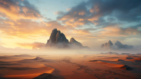 a stunning desert landscape at sunrise, captured in ultra high resolution photography. majestic mountains adorned with clouds, creating a mesmerizing scene. the morning mist adds an ethereal touch, with godrays piercing through. this magical and epic atmosphere is beautifully captured with a wide angle lens on a hasselblad camera. ai generatedの素材