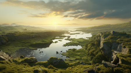 a stunning mountain landscape captured in the valley of spring, showcasing a scenic fantasy brought to life in the style of cinema4d rendering. this national geographic photo depicts the beauty of scottish landscapes, with lively coastal scenes and calm seas and skies. photographed by eve ventrue and edited by leander engstrom. ai generatedの素材