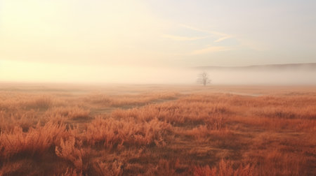 a foggy field with a solitary tree emerges from the mist, creating a serene and ethereal atmosphere. the light pink and amber hues add a touch of warmth to the grandiose environment. this captivating image, reminiscent of heiner luepke's deconstructed landscapes, showcases the beauty of nature with its light gold and light crimson tones. experience the breathtaking beauty of this uhd nature-inspired imagery. ai generatedの素材