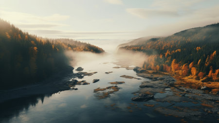 autumn mountain scenery captured through drone photography showcases breathtaking aerial views with dramatic cloud formations. the style of erik johansson is evident in the rough-edged 2d animation, while the romantic riverscapes reminiscent of theodor kittelsen add a touch of enchantment. rendered in unreal engine, the image features a soothing color palette of light gray and amber, perfectly complementing the calm waters. ai generatedの素材