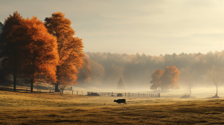 a herd of sheep peacefully grazing in a luminous and dreamlike pasture. this captivating photo, reminiscent of the dusseldorf school of photography, showcases vibrant hues of orange and amber. captured using vray and unreal engine 5, the misty atmosphere adds an ethereal touch to this national geographic-worthy scene. ai generatedの素材