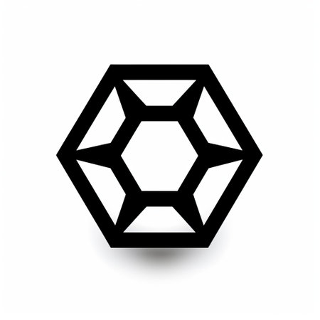 a black hexagonal shape, resembling a flat design icon, stands out against a white background. this distinctive character design, inspired by cryengine and tattoo art, showcases a cypherpunk and precisionist aesthetic. the engineering construction and design elements are evident in the precise lines and intricate details of this visually striking artwork. ai generatedの素材