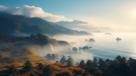 aerial view of the sea and mountains in autumn, captured in the style of jessica rossier. this 32k uhd photograph showcases the soft atmospheric perspective reminiscent of elihu vedder's work. drawing inspiration from california impressionism, fenghua zhong skillfully creates atmospheric portraits that transport viewers to this breathtaking scene. ai generatedの素材