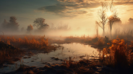 a mesmerizing forest wallpaper featuring a captivating treescape enveloped in mist. the tranquil river adds to the serene ambiance. this high-quality uhd image, captured with a zeiss planar t 80mm f/2.8 lens on a canon eos 5d mark iv, showcases the post-apocalyptic landscape in a unique style of light cyan and amber, creating emotive fields of color reminiscent of pictorialism. ai generatedの素材