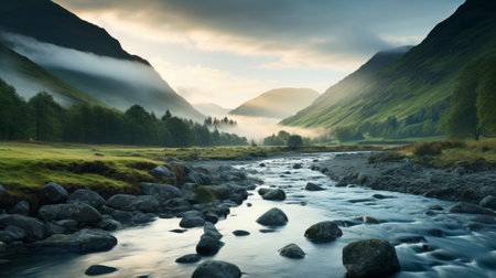 a stunning sunrise over a picturesque glen, captured in ultra high resolution photography. the mountains are adorned with clouds, creating a mesmerizing scene. the morning mist adds an ethereal touch, with godrays casting a magical and epic atmosphere. this captivating image was taken using a wide angle lens on a hasselblad camera. ai generatedの素材