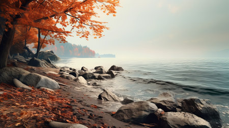 autumn leaves and rocks create a picturesque scene against the backdrop of a serene blue lake. this photo captures the essence of a playstation 5 screenshot, with its realistic landscapes featuring soft, tonal colors. the detailed marine views showcase a blend of light crimson and orange hues, while a soft mist adds to the overall ambiance. the monochrome landscapes offer a touch of realism andの素材