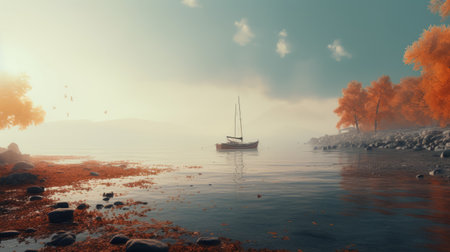 a small sailboat rests among numerous rocks on the shore, creating a serene pastoral scene. the image, reminiscent of unreal engine's style, features a combination of light cyan and amber tones. the mist adds an ethereal touch, while the artwork by kerem beyit showcases slender and eerily realistic details. ai generatedの素材