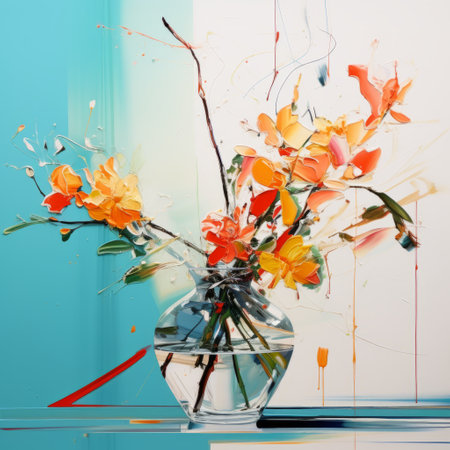yellow flowers in a vase, styled with vibrant orange and aquamarine hues, create a colorful abstract composition. the dreamlike installations feature elements of hard-edge painting, with a striking composition of light red and aquamarine. the highly realistic depiction adds depth to this visually captivating arrangement. ai generatedの素材