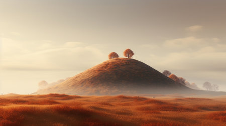 a desert landscape featuring red grass and trees on the edge of the desert. this photo captures the style of erik johansson and gediminas pranckevicius, with hazy and photo-realistic elements. the scene showcases spiky mounds and soft, romantic landscapes, with a color palette of light bronze and orange. ai generatedの素材