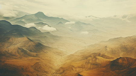clouds moving low over a mountain valley in western tibet, captured in the vintage sepia-toned style of photography by tj drysdale. the image showcases a multilayered texture with minimalist backgrounds in light gray and amber hues. the high-angle perspective and focus stacking technique enhance the visual impact of this captivating landscape. ai generatedの素材