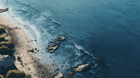 aerial panoramic view of a sandy beach, showcasing a textured realism style with dark indigo and light aquamarine hues. the naturalistic atmosphere is enhanced by the inclusion of animal paintings, capturing realistic details. this california plein air scene features hyper-detailed rendering, particularly in the depiction of naturalistic ocean waves. ai generatedの素材