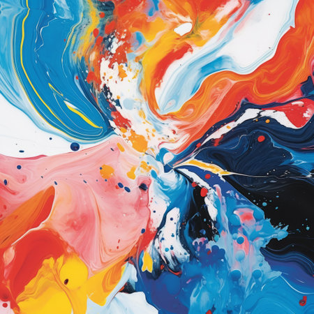 an abstract painting by yanjun cheng featuring vibrant blue and red colors. the painting showcases fluid gestures and swirling colors, creating a mesmerizing effect. with its bright and colorful abstracts, this artwork resembles a strip painting, capturing the essence of colorful explosions and the beauty of marble. ai generatedの素材