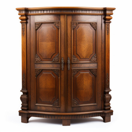 the wooden antique ornate armoire showcases an authentic antique style with its unpolished finish and traditional color scheme. the uhd image captures the strong diagonals and smooth, curved lines of the armoire, adding to its timeless appeal. created by wlad safronow, this piece exudes a rounded and elegant aesthetic. ai generatedの素材