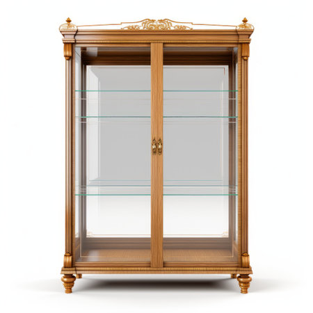 an antique wooden display case with glass doors, featuring a realistic and detailed rendering. the display case showcases a beautiful combination of gold and brown tones, with clear edge definition. the intricate carving adds to its retro charm, while the layered translucency highlights the porcelain items within. ai generatedの素材